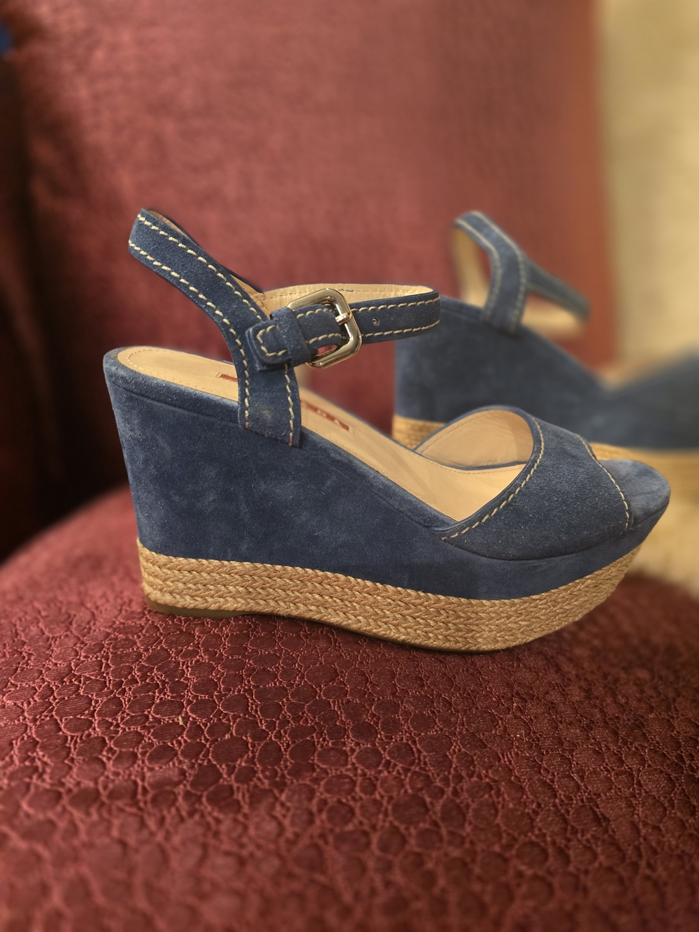 PRADA GENUINE Blue Suede Wedge Sandals with Ankle Strap - Picture 2 of 16